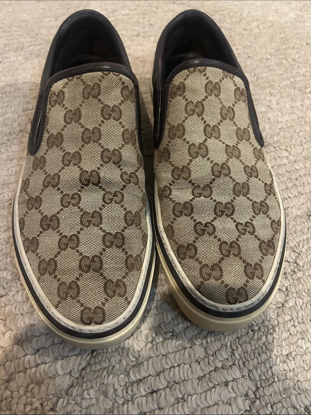 Gucci Beige Brown GG Canvas Slip-On Loafer with Dark Brown Trim